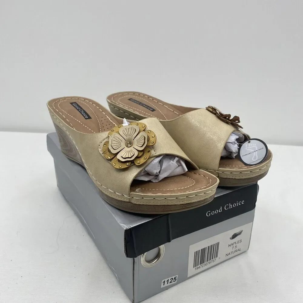Good Choice Shoes Women's Naples Flower Wedge Sandals Size 7.5 Natural